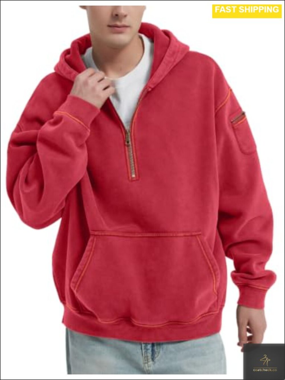 Men's Oversized Washed Quarter Zip Hoodie Loose Fit Pullover Sweatshirt Pockets